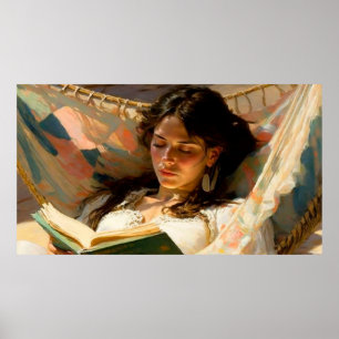 Póster Una mujer leyendo en una hamaca en un día soleado