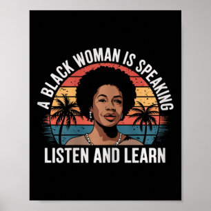 Póster Una Mujer Negra Está Hablando Escuchar Y Aprender