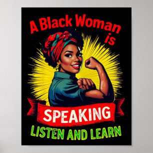 Póster Una mujer negra está hablando Escuche el mes de la