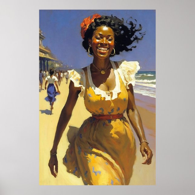 Póster Una mujer sonriente camina a orillas de un sol (Frente)