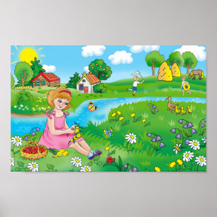Póster Una niña en la pradera, en verano.