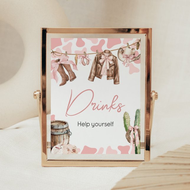 Póster Una niña pequeña que bebe Baby Shower (A Little Cowgirl Clothesline Baby Shower Drinks Sign)