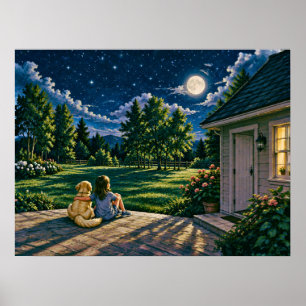 Póster Una niña y su perro bajo la luna