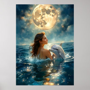 Póster Una niña y un delfín bebé nadan en el mar