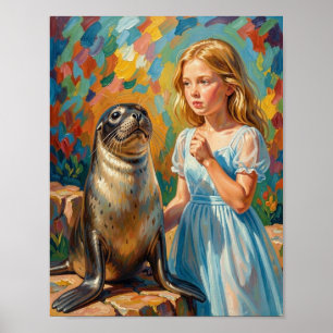Póster Una niña y una foca