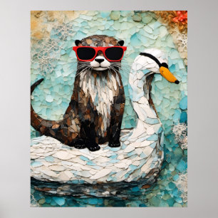 Póster Una nutria de vacaciones en un cisne flotante