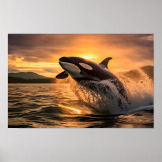 Póster Una orca saltando del océano - IA generada