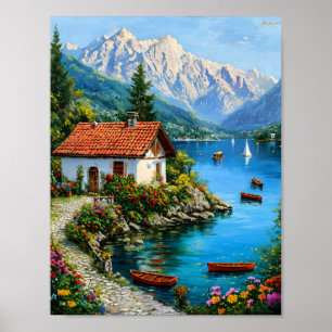 Póster Una pequeña casa sobre el fondo de un lago de mont