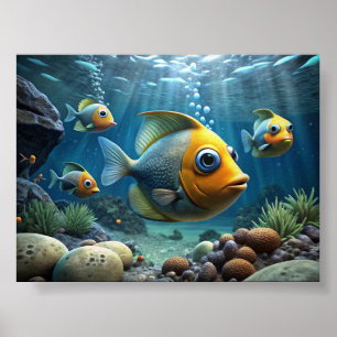 Póster Una pintura de peces en el fondo del río