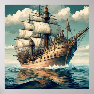 Póster Una Pintura De Un Buque Con Las Velas Down-56350