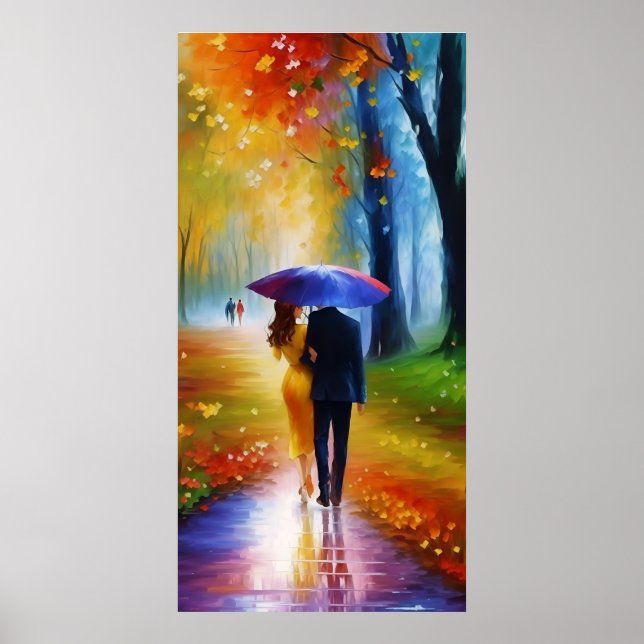 Póster una pintura de una pareja caminando bajo la lluvia (Frente)