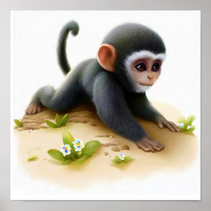 Póster Una pintura digital de un joven mono tímido con ve