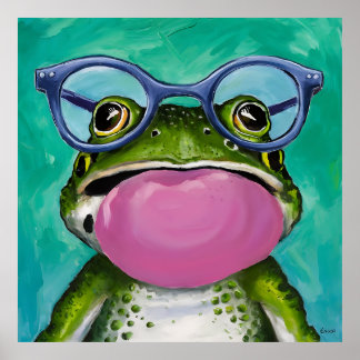 Póster Una rana con gafas y soplando una burbuja rosa