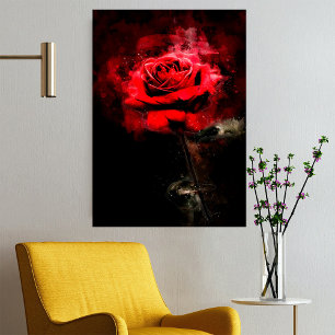Póster Una Rosa Roja Acuarela sobre Fondo Negro