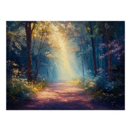 Póster Una ruta forestal polvorienta a medida que amanece