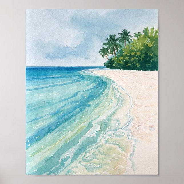 Póster Una serena playa tropical en acuarela (Frente)