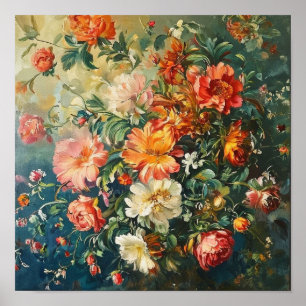 Póster Una sinfonía de peonías y flores iluminadas por el