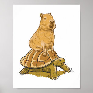 Póster Una tortuga animal capibara curiosa cuida al capib