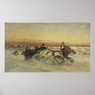 Póster Una troika galopante del invierno en el amanecer