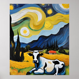 Póster Una vaca en la noche estrellada