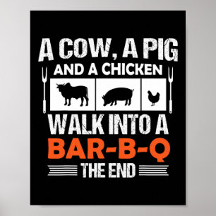 Póster Una vaca, un cerdo y un pollo entran en una R-b-q