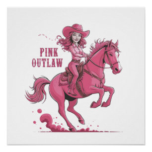 Póster Una vaquera segura de sí misma montando un caballo