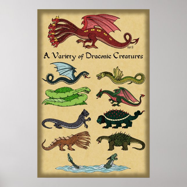 Póster Una variedad de criaturas draconicas (Frente)