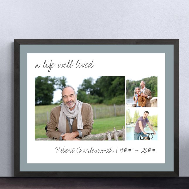 Póster Una Vida Bien Vivida Guión Casual 3 Fotos Funeral (Funeral memorial poster to order professionally printed or as a printable digital download)