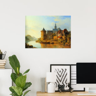 Póster Una vista de una ciudad a lo largo del Rin