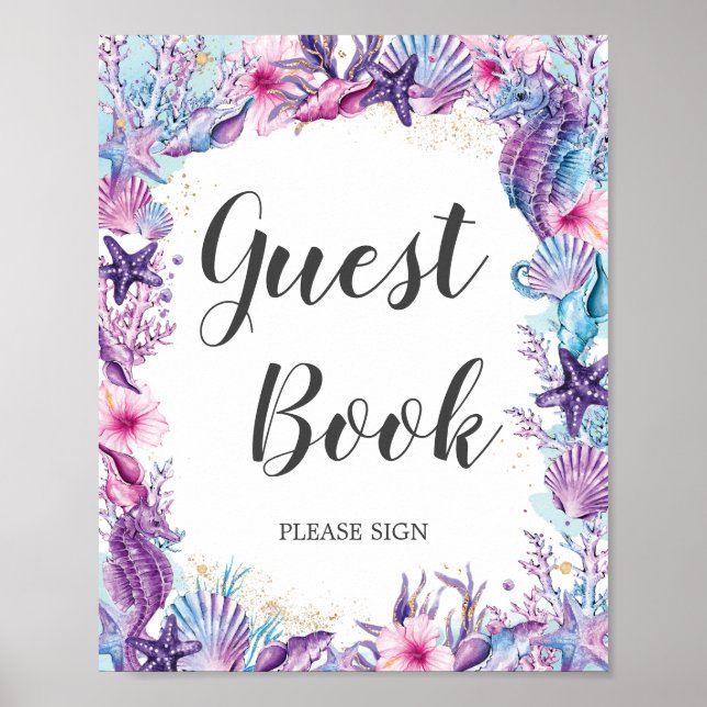 Póster Under the Sea Corals Shells Purple Pink Guestbook (Frente)