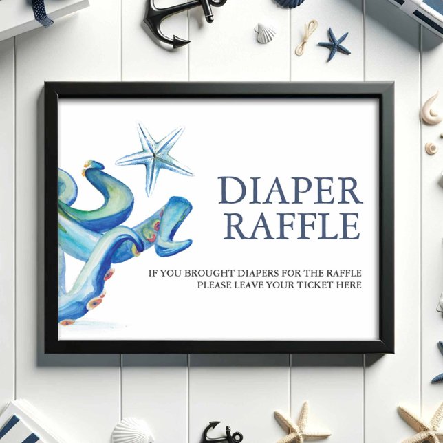 Póster Under the Sea Diaper Raffle Rótulo Baby Shower (Baby shower decor nautical diaper raffle sign watercolor blue octopus and starfish Do Tell A Belle)