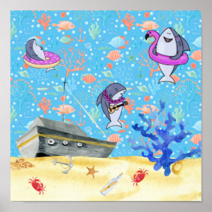 Póster Under Water Deep Sea Shark Party Time Kids