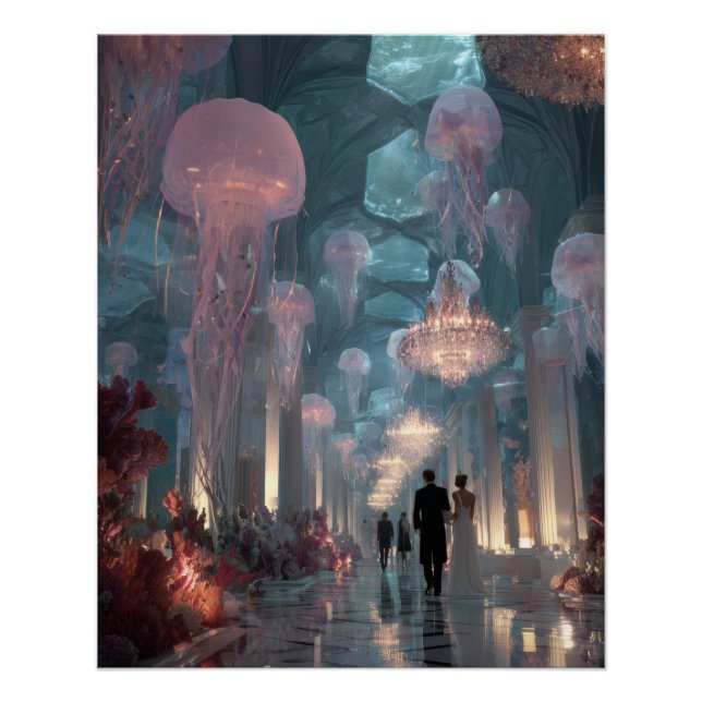 Póster Undersea Palace Jellyfish Light Fantasy Art (Anverso)