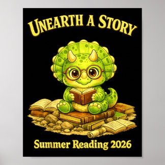 Póster Unearth a Story Triceratops Dinosaur Reading Books