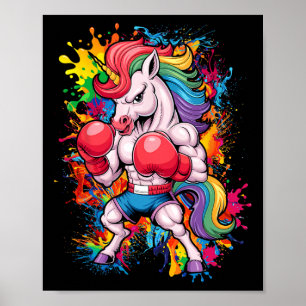 Póster Unico Unicornio Rosa Con Guantes De Boxeo