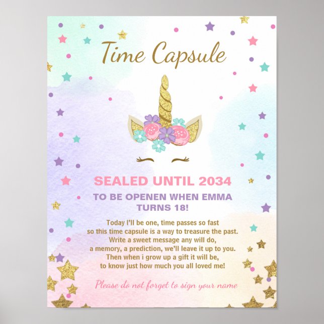 Póster Unicorn Birthday guestbook Time Capsule Pink Girl (Frente)