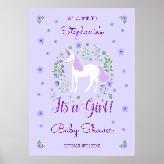 Póster Unicorn Es Un Baby Shower Púrpura Chica Personaliz (Frente)