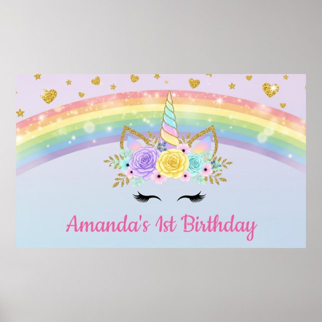 Póster Unicorn Floral Crown Rainbow Birthday Poster (Frente)