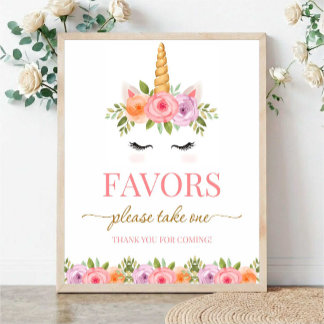 Póster Unicorn Floral Favors Please Take One