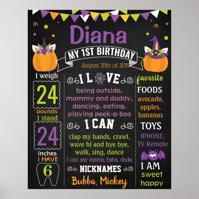 Póster Unicorn Halloween Pumpkin First Birthday board (Frente)