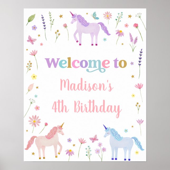 Póster Unicorn Meadow Pastel Pink Gold Cumpleaños (Frente)