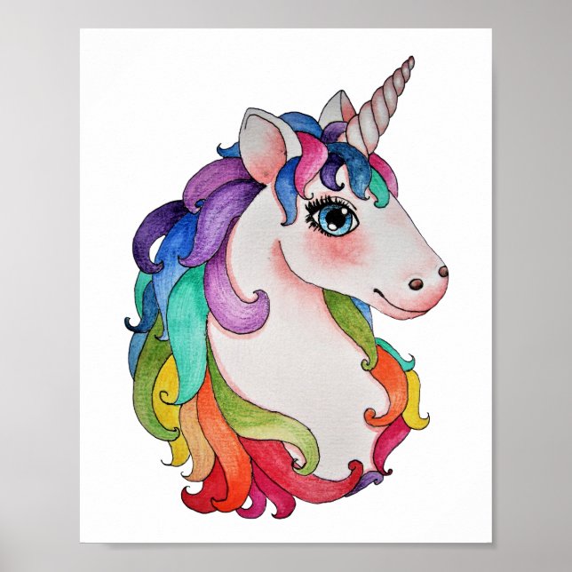 Póster Unicornio acuarela con pelo de arco iris (Frente)