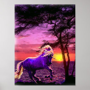 Póster unicornio al atardecer