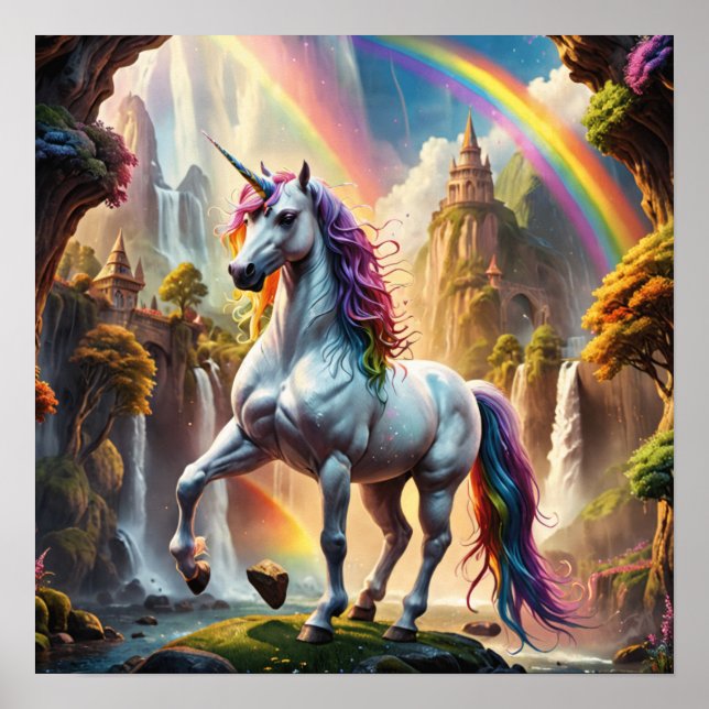 Póster Unicornio arcoiris frente al castillo (Frente)