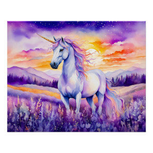 Póster Unicornio Bajo Cielo de Arcoíris en Puesta de Sol