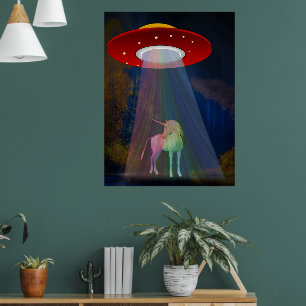 Póster Unicornio bajo el haz de arcoíris de ovni por la n