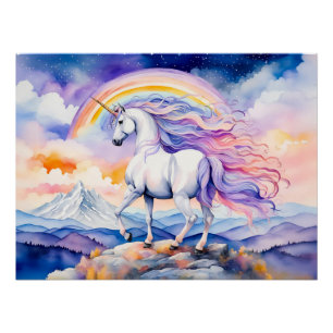 Póster Unicornio bajo nubes de arcoíris suaves y pastel