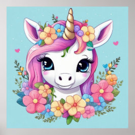 Póster Unicornio bebé mágico con flores
