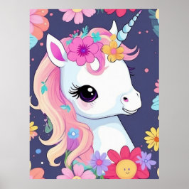Póster Unicornio blanco adorable con flores