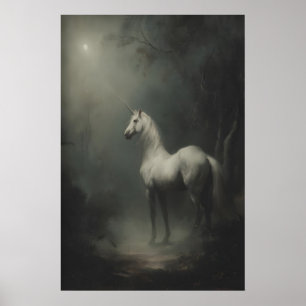 Póster Unicornio Blanco Antiguo en Bosque Oscuro Iluminad